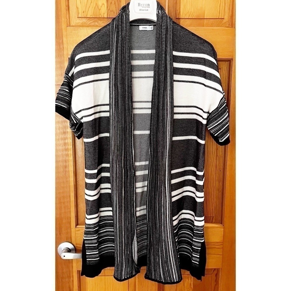 Vince Black White Open Front Long Cardigan Sweater Sz S Kimono Short Sleeve Fall